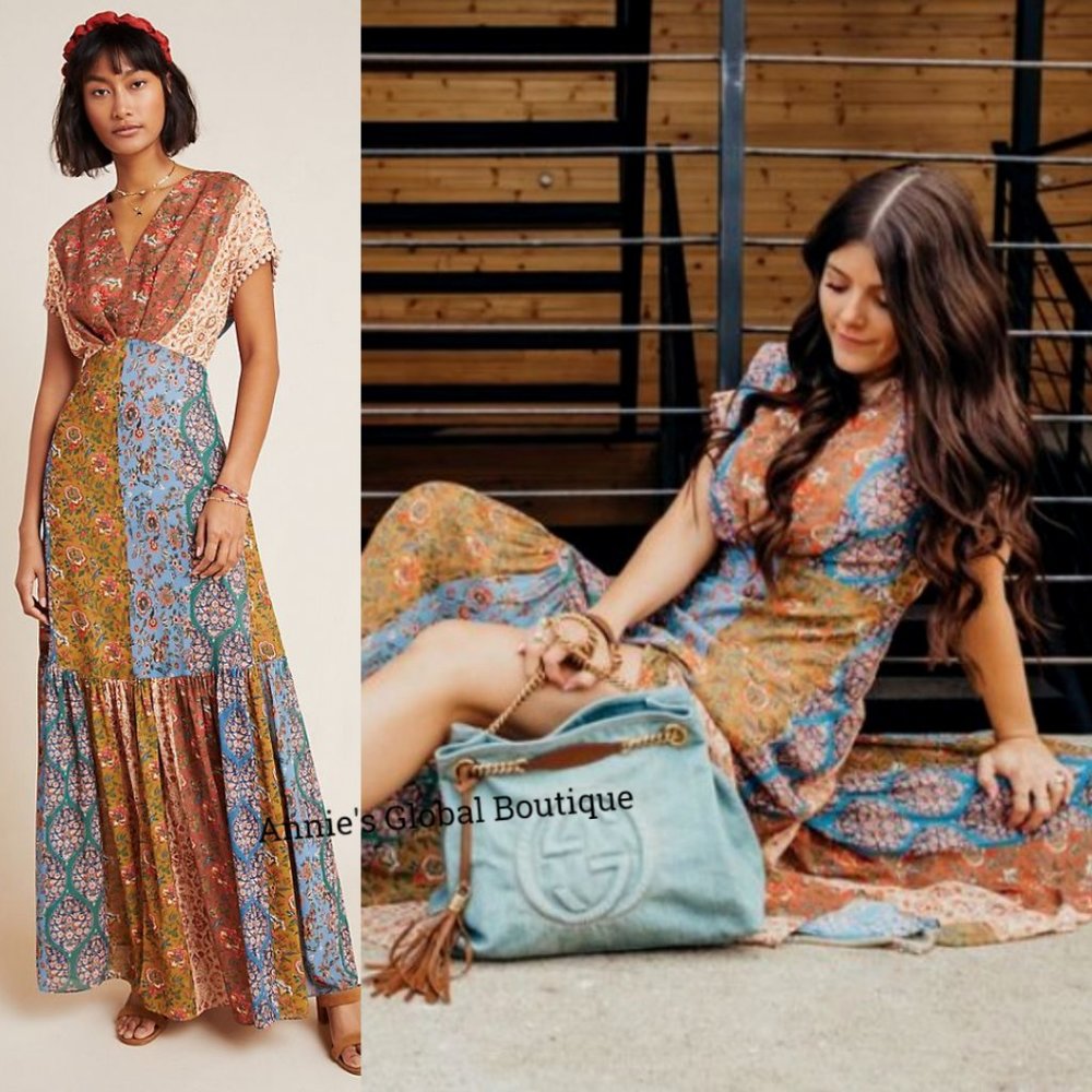 NWT, Anthropologie Angelica Sachin and Babi Embroidered Flounced Maxi Dress - Picture 2 of 15
